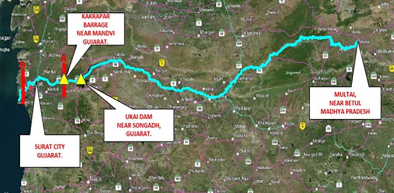 Layout of River Tapi from Its origin to confluence to Arabian Sea